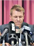  ??  ?? Breaking down: David Warner faces the media in a Sydney press conference