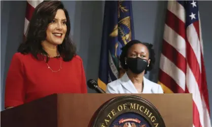  ?? Photograph: AP ?? Governor Gretchen Whitmer addresses the state during a speech in Lansing, Michigan, in 2020.