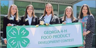  ??  ?? Walker County 4-H members, from left: Jenna Sweatmon, Lauren Pike, Tori Lowrance, Rylie Chamlee and their 4-H agent and team coach, Casey Hobbs, celebrate after pitching their Cheez Beez snack cracker concept at the 2018 Georgia 4-H Food Product...