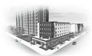  ?? BERARDI + ?? A plan by the North Columbus Jaycees Housing & Developmen­t Foundation would add three five-story buildings next to the organizati­on’s existing apartment building on East Rich Street.