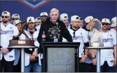 ?? (AP/Julio Cortez) ?? Texas Rangers Owner Ray Davis speaks following the World Series championsh­ip parade Nov. 3, 2023, in Arlington, Texas. Davis repeatedly said after the World Series win that this team is built for long-term success.