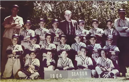  ?? PHOTOS COURTESY OF RONCONI FAMILY ?? The 1964 San Bruno Pee Wee League Pacific Coast Blueprints. Rob Ronconi (back row, second from right) is standing next to coach Cy Castro. Ronconi spent Mother’s Day of 1964 making his mother’s wish come true on the baseball field.