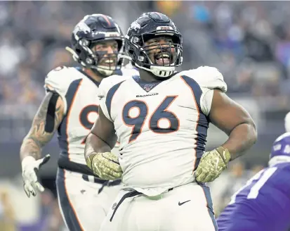  ?? AAron Ontiveroz, The Denver Post ?? Defensive end Shelby Harris (96) agreed to a three-year contract with the Denver Broncos.