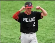  ?? AUSTIN HERTZOG - DIGITAL FIRST MEDIA ?? Boyertown shortstop Michael Raineri celebrates after the Bears defeated Cumberland Valley in the PIAA Class AAAA semifinals Monday.