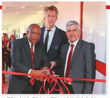  ??  ?? PSL Chairman Dr Irvin Khoza (l), Ajax Amsterdam CEO Edwin van der Sar (c) and Ajax Cape Town Chairman Ari Efstathiou during the official opening of the Ajax Cape Town Lambda Institute at Ikamva, Cape Town.