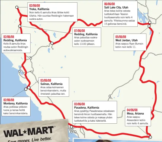  ??  ?? 02/06/08
Redding, Kalifornia Kello 8 aamulla Arias noutaa auton Reddingin autovuokra­amosta. 02/06/08
Monterey, Kalifornia Arias poikkeaa ystävien luona ja lainaa heiltä kaksi bensiinika­nisteria. 02/06/08
Yreka, Kalifornia
Noin kello 6 aamulla Arias...