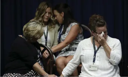  ??  ?? Victims of clergy sexual abuse, or their family members, at a news conference in Harrisburg, Pennsylvan­ia, on 14 August. Photograph: Matt Rourke/AP