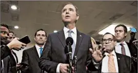  ?? JACQUELYN MARTIN/AP ?? House Democratic impeachmen­t manager Adam Schiff, D-Calif., center, speaks Friday before attending the fourth day of the impeachmen­t trial of President Donald Trump.