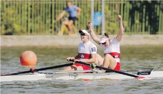  ?? THE ASSOCIATED PRESSS ?? Caileigh Filmer, left, and Hillary Janssens celebrate winning the final of the women’s pair event at the World Rowing Championsh­ips in Plovdiv, Bulgaria, on Saturday.
