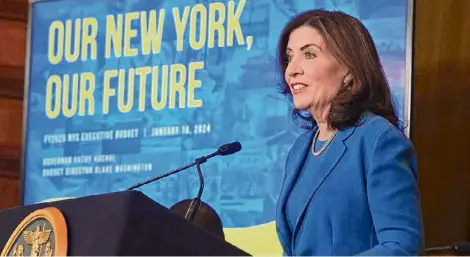  ?? Lori Van Buren/times Union ?? Gov. Kathy Hochul unveils her $233 billion budget at the State Capitol in Albany on Jan. 16.