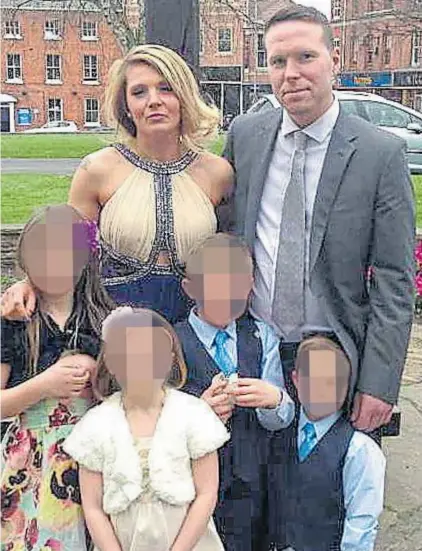  ??  ?? Victim Derek Whyteside with his partner Michelle Beddall and children. Left, flowers are left at scene of attack