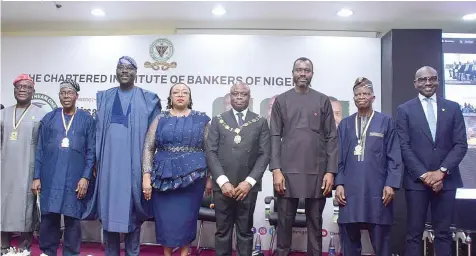  ?? ?? Past President, CIBN, Dr. Uche Messiah Olowu ( left); Past President, CIBN, Prof. Wole Adewunmi; Commission­er for Finance, Lagos State, Oluyomi Abayomi; National Treasurer, CIBN, Mrs. Mojisola Bakare- Asieru; President/ Chairman of Council, CIBN, Ken Opara; MD/ CEO, Sterling Bank Limited, Abubakar Suleiman; Past President, CIBN, Prof. Segun Ajibola and Registrar/ CEO, CIBN, Akin Morakinyo at the 2024 Stream One Induction and Prize Awards Day of the Chartered Institute of Bankers of Nigeria ( CIBN).