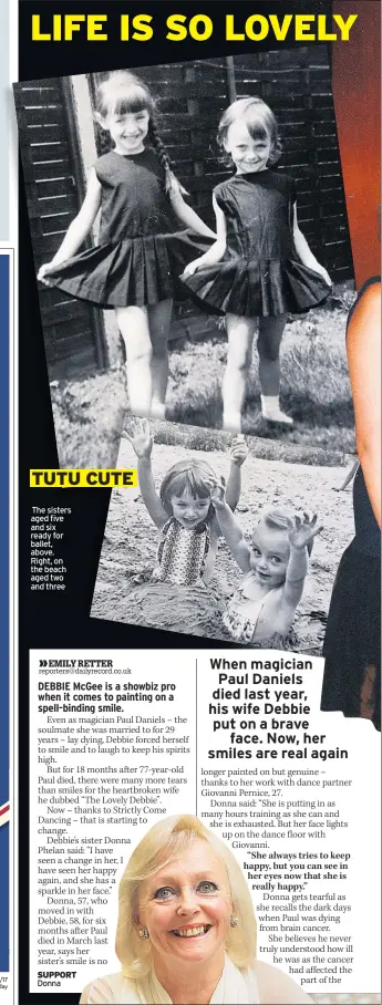  ??  ?? The sisters aged five and six ready for ballet, above. Right, on the beach aged two and three SUPPORT Donna TUTU CUTE