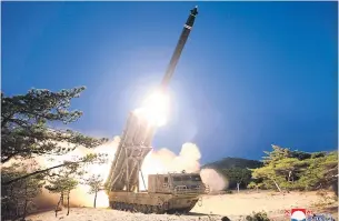  ??  ?? An image released by North Korea’s official Korean Central News Agency shows the test-firing of super-large multiple rocket launchers at an undisclose­d location in North Korea on Sunday.