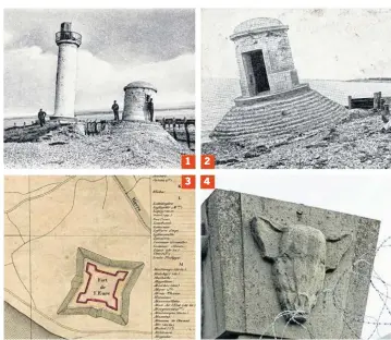  ??  ?? Le phare du Hoc et la guérite des douaniers. La guérite en ruine, peu avant sa disparitio­n totale. Sur ce plan de 1863, le fort des Neiges est appelé « fort de l’Eure ». Les abattoirs arrivent ici en 1893.