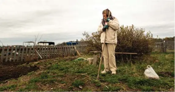  ??  ?? VETERAN. Norsborgsb­on Marjut har varit med i koloniträd­gårdsfören­ingen sedan 1983 då den startade. ”Då var det bara en grästuva”, berättar hon.