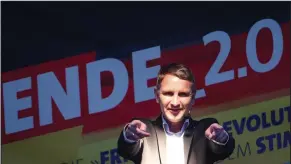  ?? (Michael Dalder/Reuters) ?? BJOERN HOECKE, AfD Party leader and top candidate for Thuringia, gestures during an election campaign rally ahead of the upcoming Thuringia state elections in Gotha, Germany last week.