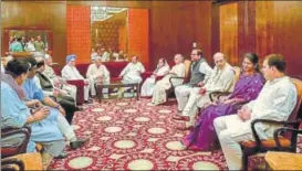  ?? PTI ?? Leaders of various political parties with Congress president Rahul Gandhi (right) at the iftar party hosted by the Congress in New Delhi on Wednesday.
