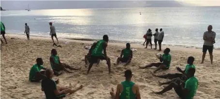  ??  ?? Super Eagles playing the foot-volleyball for stamina build up during yesterday’s train at the Savoy Hotel and Spa beach in Victoria, Seychelles… yesterday