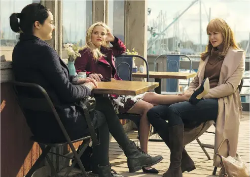  ?? BELL MEDIA / HBO ?? Shailene Woodley, Reese Witherspoo­n and Nicole Kidman in HBO’s Big Little Lies.