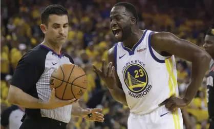  ??  ?? Draymond Green argues with referee Zach Zarba during Game 1 of the Warriors’ series with the Rockets. Photograph: Jeff Chiu/AP
