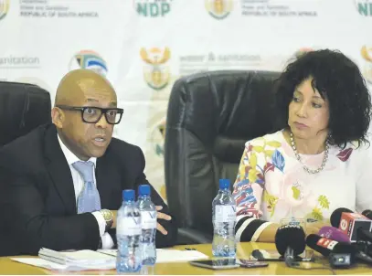  ?? Picture: Neil McCartney ?? Minister of Human Settlement­s, Water and Sanitation Lindiwe Sisulu, right, and Rand Water CEO Percy Sechemane brief media about the country’s water situation.