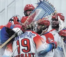  ?? CLIFFORD SKARSTEDT EXAMINER ?? The Peterborou­gh Century 21 Lakers celebrate their 8-7 win against the Oakville Rock during to win the Major Series Lacrosse championsh­ip.