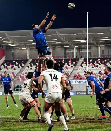  ??  ?? Josh Murphy rising high in the line-out for Leinster in their win against Ulster in Belfast on Saturday.