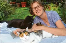  ??  ?? Elke Bischoff und ihre Katzen Mücke und Lore (vorn). Foto: Elke Bischoff