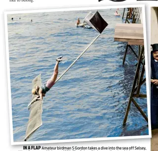  ??  ?? IN A FLAP Amateur birdman S Gordon takes a dive into the sea off Selsey, West Sussex, on 16 August 1976. The Selsey Birdman rally – in which amateur enthusiast­s attempt to fly their homemade aircraft – was founded in 1971. It moved to the nearby resort...