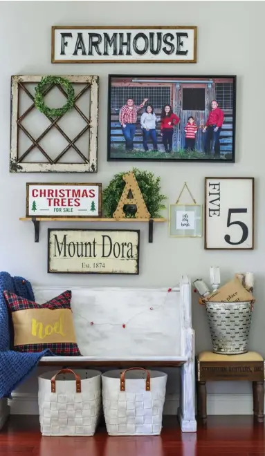  ??  ?? |LEFT| DECK ALL THE HALLS. Even the back entry gets dressed in its Christmas best! Tammy approaches this area with a minimalist­ic yet festive hand, saying, “I put up a holiday sign, a string of mini red bulb lights and a plaid burlap pillow. I kept it really simple.”