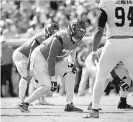  ?? PHELAN M. EBENHACK/AP ?? Jaguars offensive tackle Jawaan Taylor (75), a rookie from Florida, sets up for a snap against New Orleans earlier this month.