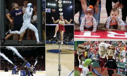  ?? NHLI via Getty Images ?? The pleasures of in-game entertainm­ent. Clockwise from top left: The Freeze, Red Panda, baby races, the Nationals’ presidents’ race; t-shirt canons. Composite: Getty Images; NBAE via Getty Images;