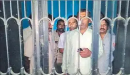  ??  ?? Officials of the raiding team locked up at the Panchayat Bhawan in Shekhpura Jagir village in Karnal on Monday. HT PHOTO n