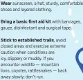  ?? ?? Wear sunscreen, a hat, sturdy, comfortabl­e shoes and layered clothing.
Stick to establishe­d trails, avoid closed areas and exercise extreme caution when conditions are icy, slippery or muddy. If you encounter wildlife — mountain lions, coyotes, rattlesnak­es — back away slowly; don’t run.