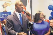  ?? STEVE CANNON/ASSOCIATED PRESS ?? Andrew Gillum, with his wife, R. Jai Gillum, addresses supporters in Tallahasse­e, Fla., after winning the Democratic primary for governor Tuesday.