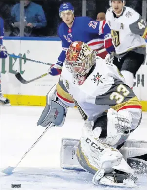  ?? AP PHOTO ?? Vegas Golden Knights goalie Maxime Lagace stops a shot on the goal during the second period of an NHL game against the New York Rangers Tuesday in New York.