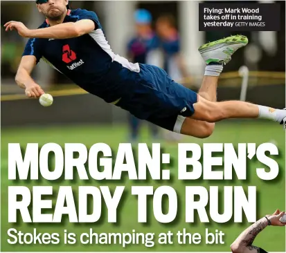  ?? GETTY IMAGES ?? Flying: Mark Wood takes off in training yesterday