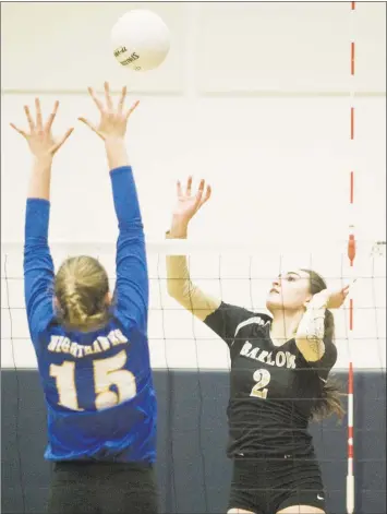  ?? Scott Mullin / For Hearst Connecticu­t Media ?? Joel Barlow’s Kiara Robichaud goes for the kill during the Falcons’ 3-1 victory over Newtown in the SWC girls volleyball championsh­ip on Saturday in Weston.