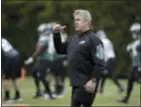  ?? MATT ROURKE — THE ASSOCIATED PRESS ?? Eagles head coach Doug Pederson speaks during a rookie minicamp at the team’s training facility in Philadelph­ia.