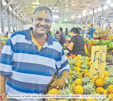  ?? Picture: LOSALINI VUKI ?? Dharmend Lal sells baby pineapples at the Nausori market.
