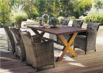  ??  ?? Natural materials and rustic looks will be popular trends for outdoor patios this year.