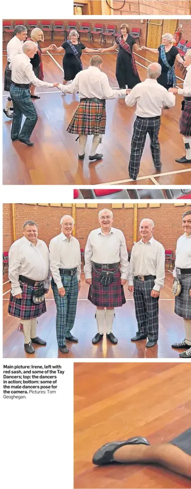  ?? Geoghegan. ?? Main picture: Irene, left with red sash, and some of the Tay Dancers; top: the dancers in action; bottom: some of the male dancers pose for the camera. Pictures: Tom