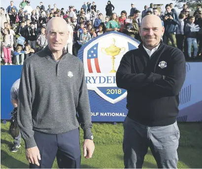  ?? Picture: AFP ?? American Ryder Cup captain Jim Furyk (left) and his European counterpar­t Thomas Bjorn during a media day yesterday at the Golf National in Guyancourt, near Paris, the venue of the event a year from now.