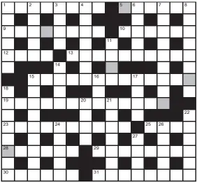  ?? ?? No 16,889
FOR your chance to win, solve the crossword to reveal the word reading down the shaded boxes. HOW TO ENTER: Call 0901 293 6233 and leave today’s answer and your details, or TEXT 65700 with the word CRYPTIC, your answer and your name. Texts and calls cost £1 plus standard network charges. Or enter by post by sending completed crossword to Daily Mail Prize Crossword 16,889, PO Box 28, Colchester, Essex CO2 8GF. Please include your name and address. One weekly winner chosen from all correct daily entries received between 00.01 Monday and 23.59 Friday. Postal entries must be date-stamped no later than the following day to qualify. Calls/texts must be received by 23.59; answers change at 00.01. UK residents aged 18+, excl NI. Terms apply, see Page 52.