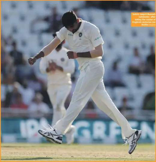  ?? Reuters ?? India’s Jasprit Bumrah celebrates after taking the wicket of England centurion Jos Buttler