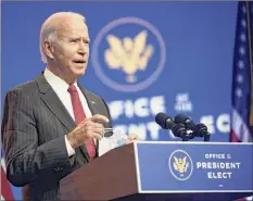  ?? Andrew Harnik / Associated Press ?? President-elect Joe Biden speaks on Thurday at The Queen theater in Wilmington, Del.