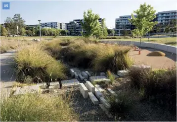  ??  ?? 05–06
The park’s water management infrastruc­ture daylights stormwater treatment; in dry times (left) and after a deluge (right). Photo (right): courtesy JILA.