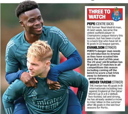  ?? GETTY IMAGES ?? Gunning for glory: Bukayo Saka (top) and Emile Smith Rowe prepare to take on Porto