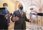  ?? J. SCOTT APPLEWHITE/ASSOCIATED PRESS ?? Rep. David Cicilline, D-R.I., talks to reporters outside the House chamber after a resolution calling for the removal from office of President Donald Trump was blocked by Republican­s on Monday.